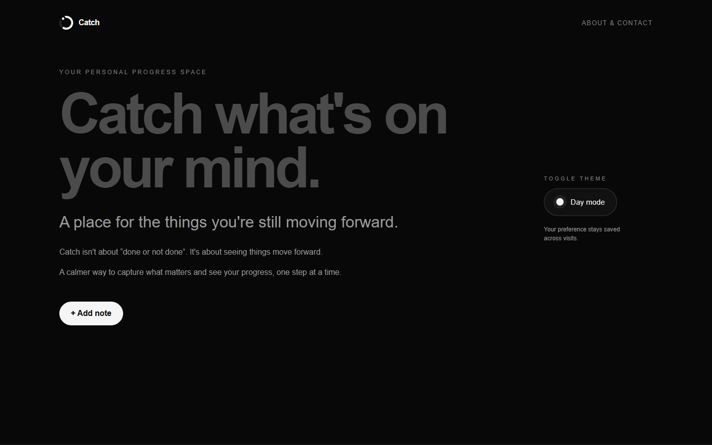 Screenshot of the Catch personal workspace landing page